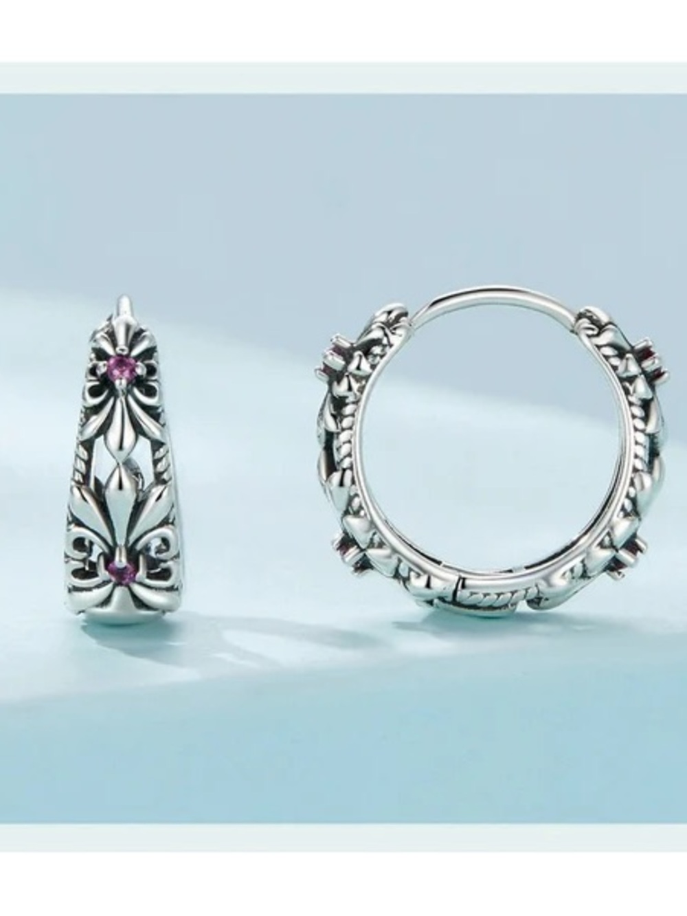 JTV Sterling Silver Filigree Hoop Earrings with Pink Accents
